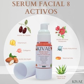 KIVAE Serum Facial Nutritivo y Revitalizante con 8 activos – Rosa Mosqueta, Jojoba, Argán, Ácido Hialurónico, Niacinamida 5%, Aloe Vera, Colágeno y Vitamina E – Cuidado facial diario –30 mL