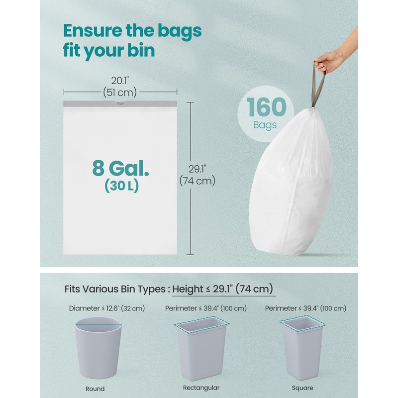 SONGMICS Trash Bags for 8-Gallon (30 L) Trash Cans, Drawstring