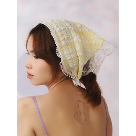 Chiffon Lace Rim Headband Hair Headscarf Yellow Checkered Bandana Accessories for Women (Yellow, One size)