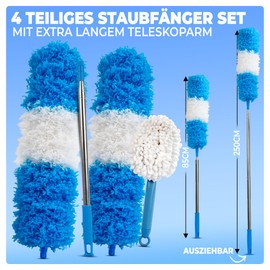 GlanzPure Telescopic Duster Set, 4-Piece Extendable up to 2.5 m, Robust Telescopic Rod, Washable, Scratch-Free, Microfibre, Blue/White