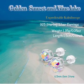 Sunnyshopday 035 925 Sterling Silver,6.5mm Crystal Serial Earring Gemstone Stone, Stud with Gift Box,Men Women (Blue Golden Sea)