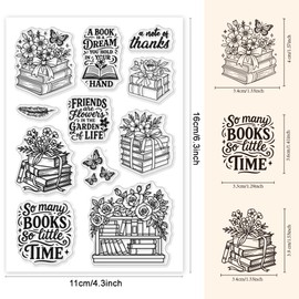 GOMAKERER 1 Sheet Clear Stamp, Flowers Vintage Book Inspirational Phrases Transparent Rubber Stamps Reusable Silicone Clear Stamp Seals for Card Making Scrapbooking Embossing Album Decor