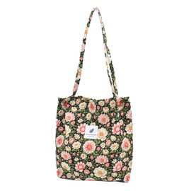 Women's Handbag Corduroy Shopper Cord Tote Bag for Books Travel Everyday School Work Shopping Bag for Girls, Blumeneu