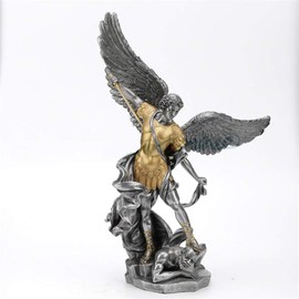 14 1/2 inch pewter and gold Archangel Saint Michael tramples Demon statue sculpture