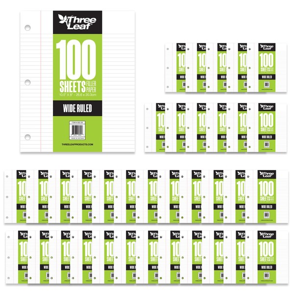 THREE LEAF 100 SHEETS WIDE RULED FILLER PAPER, PACK OF