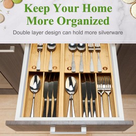 Bamboo Silverware Drawer Organizer Small Utensil Tray Wood Cutlery Organizer for Drawer Holder Narrow Flatware Caddy Wooden Kitchen Utensil Drawer Skinny Fork and Spoon Silverware Organizer Tray