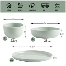 MissYIP 12 Pcs Wheat Straw Dinnerware Sets, Unbreakable Reusable Kitchen Dinnerware Set, Outdoor Camping Dishes, BAP free, Dishwasher Safe（Celadon）