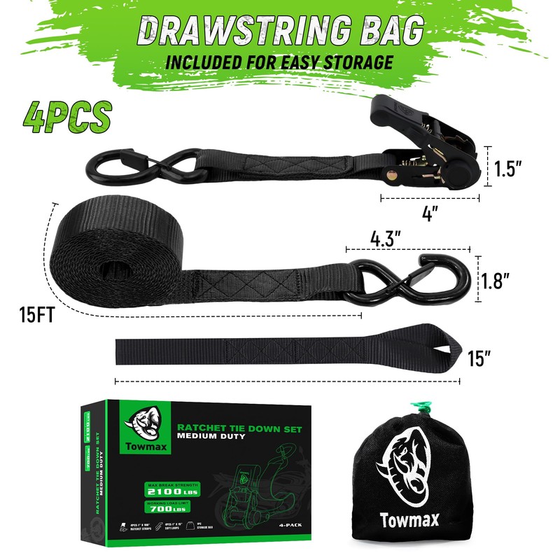 Towmax Ratchet Tie Down Straps (4 Pack) - Motorcycle Strap