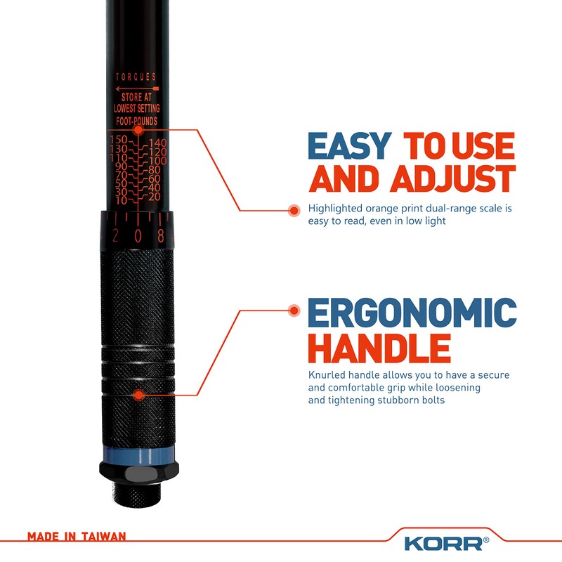 KORR Tools KTW001 1/2-Inch Drive Click Torque Wrench (10-150 ft.-lb.)