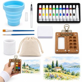 9PCS Travel Watercolour Set,Mini Watercolour Paint Set Travel WoodenPalette