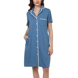 Quoboquo Women Nightdress Cotton NIghties V-Neck Sleepshirt Button Down Boyfriend Style Nightshirt Short Sleeves Sleepwear Loungewear Blue