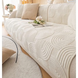 XSlive Soft Plush Geometric Quilted Couch Sofa Cover Boho Non Slip Fuzzy Sectional Couch Cover Solid Color Washable Sofa Slipcover Furniture Protector for Kids Dogs Cats (Ivory,28"x59")
