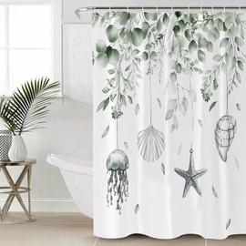 Coastal Eucalyptus Shower Curtain Set with Hook 72" x 72",Sage Green Starfish Jellyfish Shell Washable Cloth Polyester Fabric Shower+Curtain,Waterproof Bath Curtains for Bathroom,Showers,Bathtubs