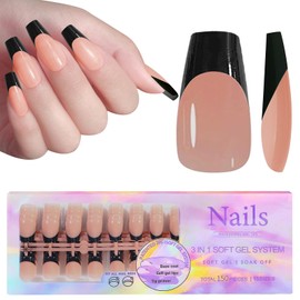 French Gel Nail Tips, 150pcs Medium Coffin Press on Soft Gel Fake Nails, 3 in 1 X-coat Pre-Applied Tip Primer & Base Coat, 15 Sizes for DIY Nail Extension, No Filing Required (HJ-NT087-No.11)
