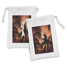Lunarable Tropical Fabric Pouch Set of 2, Tropical Theme the Silhouette of Palm Trees at Sunset Digital Style Print, Small Drawstring Bag for Toiletries Masks and Favors, 9" x 6", Orange Dark Orange