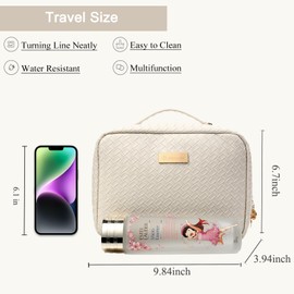 BAKLUCK Travel Makeup Bag Large Capacity Cosmetic Bags with Clear Double Sided, Checkered Makeup Bag with Makeup Brush Compartments, PU Waterproof Leather Makeup Organizer Bag for Women, Beige