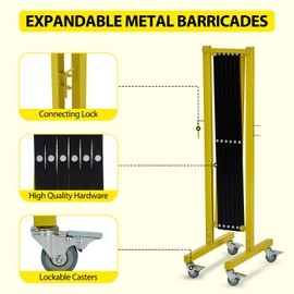 Industrial Expandable Metal Barricade, 11 Feet Mobile Safety Barrier Gate, Retractable Traffic Fence with Casters, Folding Expandable Barricade for Road Construction, Garage