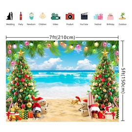 7x5ft July Christmas Backdrop Tropical Beach Christmas Tree Photography Background Summer Hawaiian Party Decorations Banner Family Holiday Photo Props Supplies