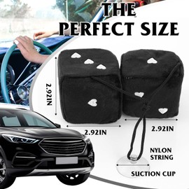 Qianyu 2 Pcs Black Fuzzy Dice Heart Shape Decor for Car Rearview Mirror 2.9Inch Retro Square Decoration Dice with White Dots Car Hanging Ornament Interior Rearview Mirror Decor Accessories