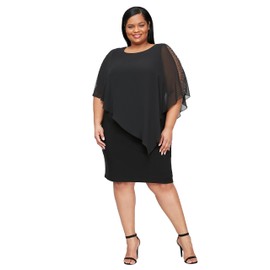 S.L. Fashions Women's Plus Size Short Sheath Caplet Gown with Asymmetric Overlay, Mother of The Bride Dress, Black Sleeve Detail, 22W