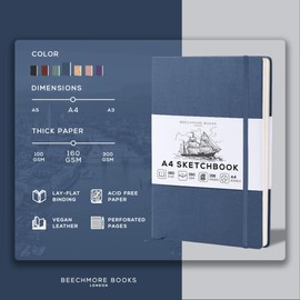 BEECHMORE BOOKS Sketch Book, A4 8.5 x 11.5 inch Blank Sketchbook for Drawing, Paint and Draw, 156 Pages Thick Paper 160gsm, Hardcover Leather Art Notebook, Boxed for Gifts (Symphony Blue)