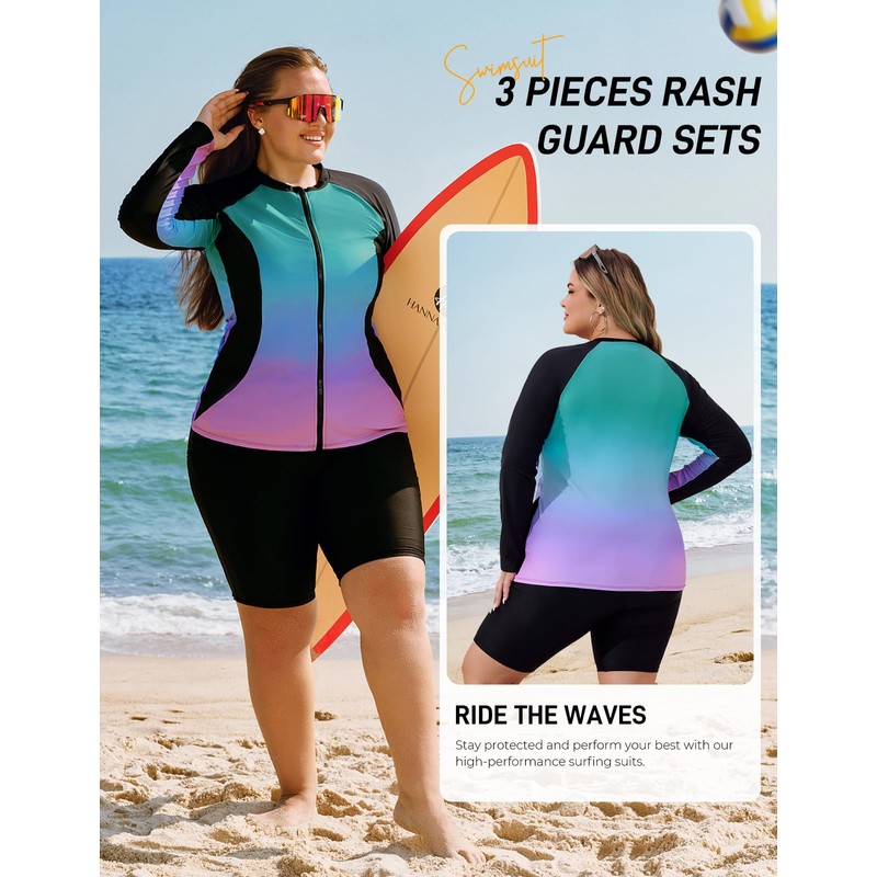 Hanna Nikole Women Three Pieces Plus Size Zip Up Rash