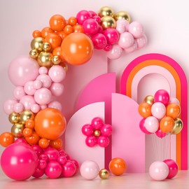 139Pcs Pink and Orange Balloons Garland Arch Kit, Pink Orange Metallic Gold Party Balloons For Birthday Wedding Tropical Party Supplies Summer Party Decorations