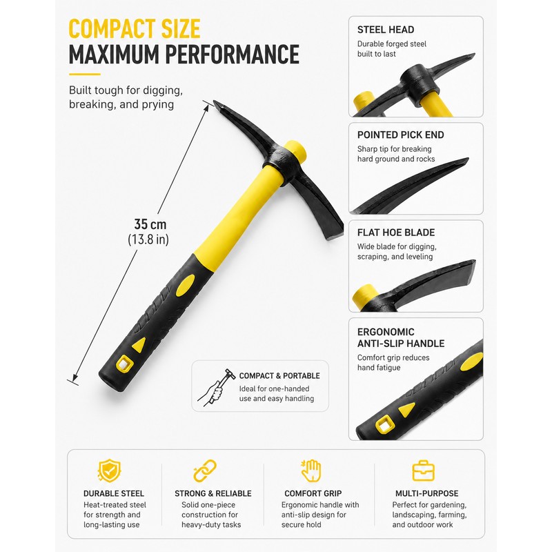 Double-Head Garden Pickaxe for Digging and Soil Loosening – Compact