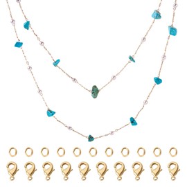 Beadthoven 3.28 Feet Turquoise Gemstone Beaded Chains 1mm Natural Synthetic Crystal Brass Paperclip Link Chains Plastic Pearl Beaded Chain with Lobster Clasps Jump Rings for Jewelry Making Necklace