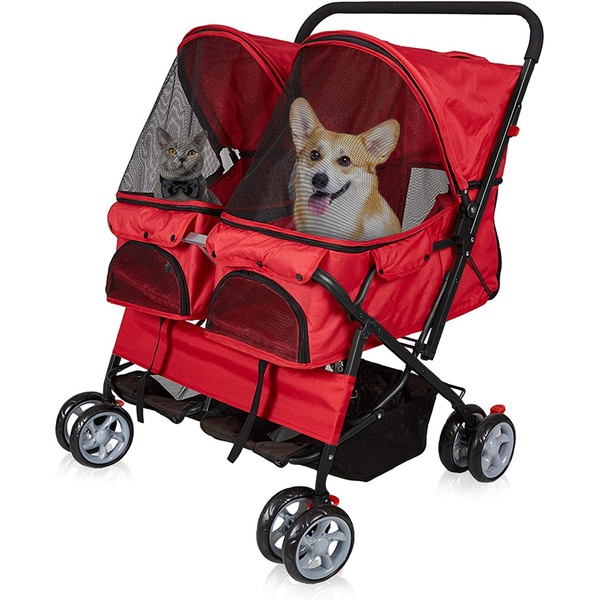 Livebest Folding Pet Stroller Elite Jogger Kitten Puppy Easy Walk Dog Cat Small Animals Travel Carrier with 360 Rotating Front Wheel red