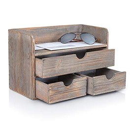 Besti Wooden Office Desk Organizer - Organizing Tool for Desktop, Cubicle, Bedroom, Kitchen - Vintage Style, Rustic Wood Holder - Organization Caddy with Top Tray Shelf & 3 Drawers - 13.6x9x7 Inches
