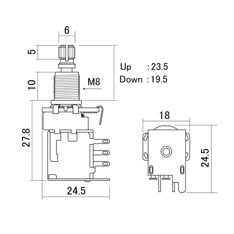 SCUD PU-PUSH-500A Switch Pot, PUSH-PUSH Lock, 500KΩ, A-Curve, Millimeter Size,