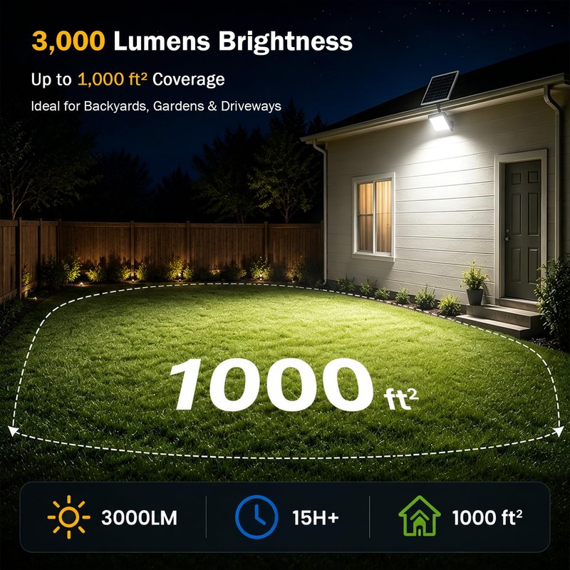 Engrepo Solar Flood Light 3000LM, 10000mAh Large Capacity, 15H Long-Lasting,