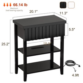 3imothrix Narrow End Table with Charging Station, Fluted Side Table with Drawer for Small Space, Modern Nightstand with Storage Shelves for Living Room Bedroom, Black