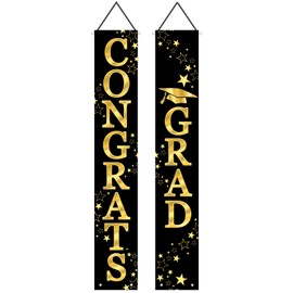 Beistle Black & Gold Graduation Door Banners, Oxford Fabric Panels, Congrats Grad Porch Signs For Graduation Party Decorations, Indoor/Outdoor Use