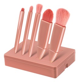 Set De 5 Brochas De Maquillaje De Tamaño Viaje Compacto, Cerdas Suaves, Color Rosa Empolvado, Para Base, Labios y Sombras De Ojos, Portátil Espejo Incorporado, Uso Diario y Viajes