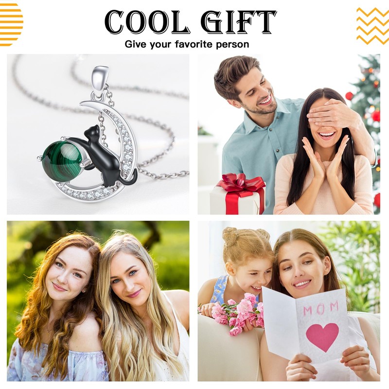 TwoAnts Black Cat Necklace 925 Sterling Silver Crescent Moon Cat