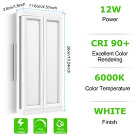 MOZUGUTAO Modern Outdoor Wall Light, 12W 6000K Outdoor Porch Light, Daylight White Wall Mounted Light Fixtures, Hardwired Acrylic White Wall Light Lighting, Wall Sconce for Stairway, Hallway, Bedroom