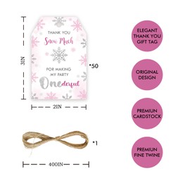 50pcs Snowflake Thank You Tags, Thank You Snow Much Gift Tag with String for Winter Party, Pink Snowflake Thank You Paper Tags for Christmas Holiday/Winter Wonderland Party Favors