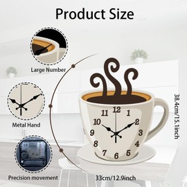 CHGCRAFT Coffee Wall Clock Coffee Cup Non-Ticking Clock Irregular Shape Decorative Wall Clocks Printed Clock for Home Office Decoration,15×13 inch