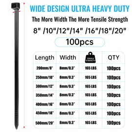 Cable Ties Black 300 mm x 8 mm, Cable Ties UV Resistant Ultra Strong with 75 kg Tensile Strength, Pack of 100 Black Cable Ties Self-Locking for Cable Management, Gardening, Living, Workshops
