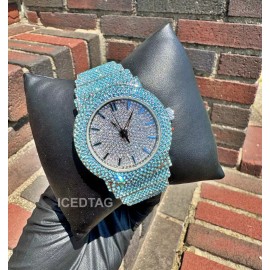 ICEDTAG Full Iced Band Luxury Bling Blue Finish Simulated Diamond Tennis Bracelet Watch - Watch Only (Design 2)