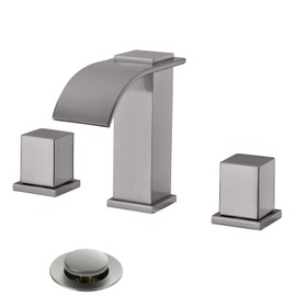 MR. FAUCET Waterfall Bathroom Sink Faucets 3 Hole, 2-handle 8 Inch Bathroom Vanity Faucet, with Pop-up Drain Assembly, (Brushed Nickel)