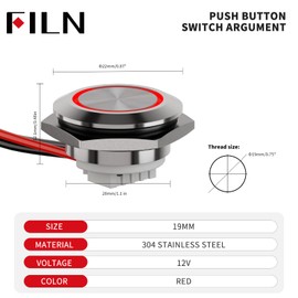 FILN 1 pcs 19MM (3/4'') Momentary Pushbutton Switch Metal Stainless Steel Auto Reset Slim Waterproof Strip LED Strip Wiring Terminal (12~24V Red)