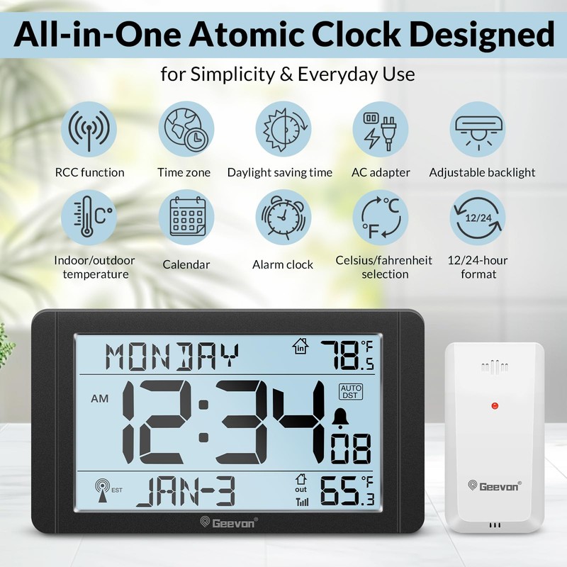 Geevon Atomic Clock with Indoor Outdoor Temperature–10.8'' Self-Setting Digital Wall