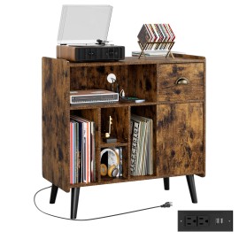 Large Record Player Stand Turntable  with Adjustable Divider with Power Outlet Vinyl Holder Stand End Table Storage Rackcolor: Brown