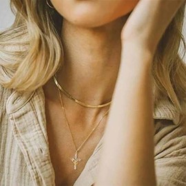 CHOLLOVA Rotating Cross Pendant and Crown Necklace, 14K Gold Plated Cross Chain with Anxiety Symbol and Rotating Crown, Diamond Gold Cross Chain for Women and Men, Metal