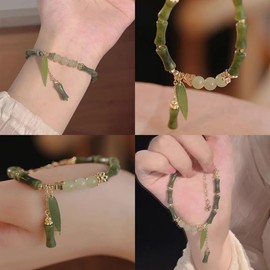 Natural Green Jade Bamboo Beaded Bracelet, Gold Butterfly Charm (19cm with 5cm Extension Chain) Girls bracelet