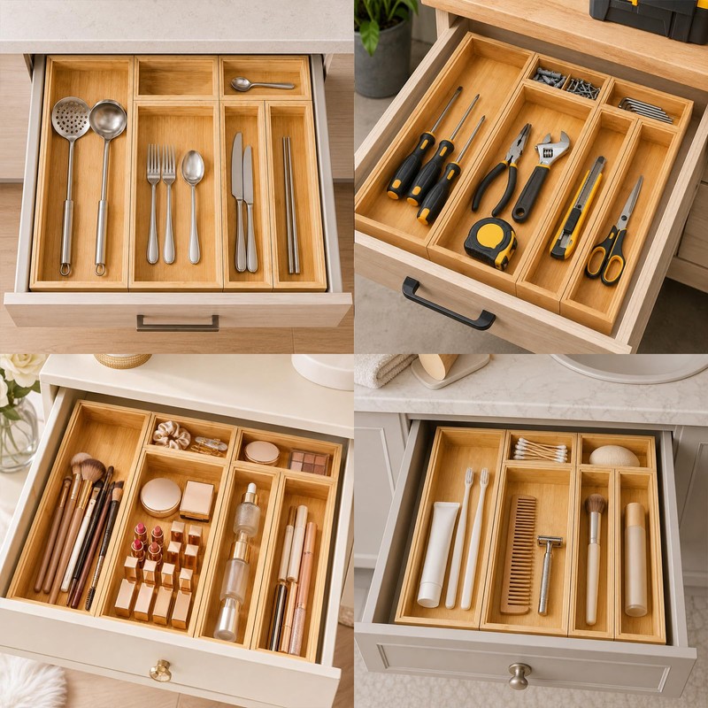 BOY MCOWBOY Bamboo Kitchen Drawer Organizer for Utensils, Set of