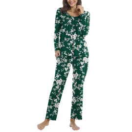 POPYOUNG Plus Size Ladies Pyjamas 2 Piece Pjs for Women Sets Fall-Winter Long Sleeve Lounge Sets Long Pants Sleepwear XL, Floral-Green